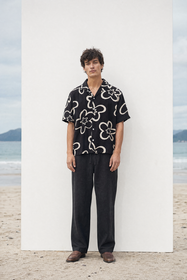 Nocturne — Black Embroidered Flower Shirt