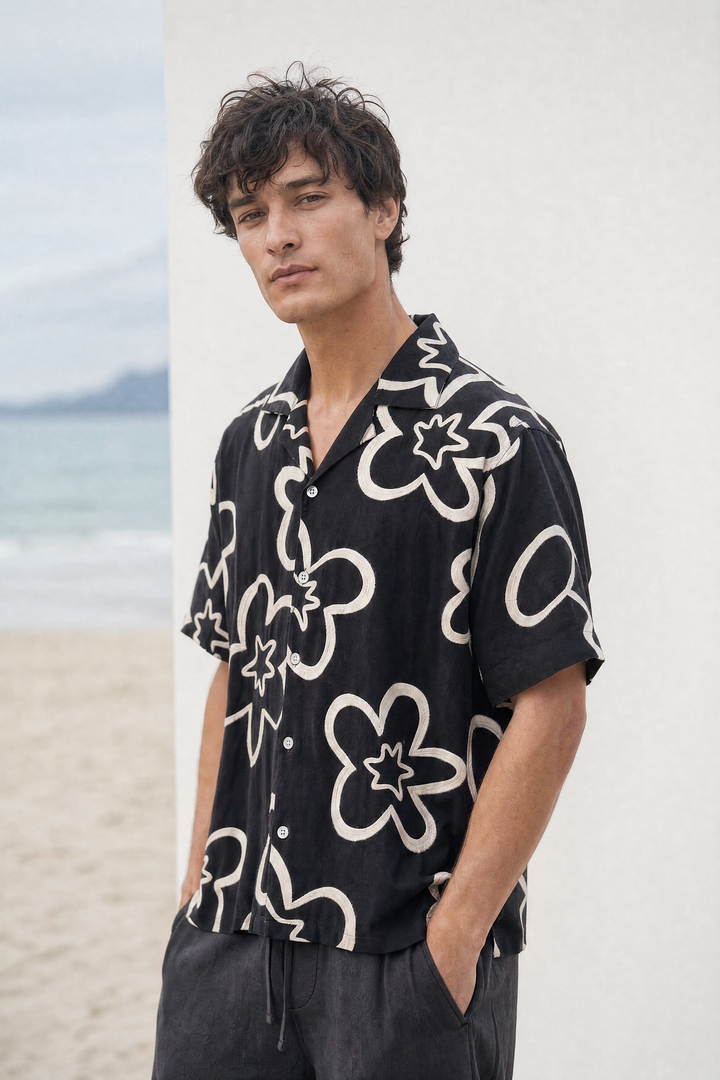 Nocturne — Black Embroidered Flower Shirt