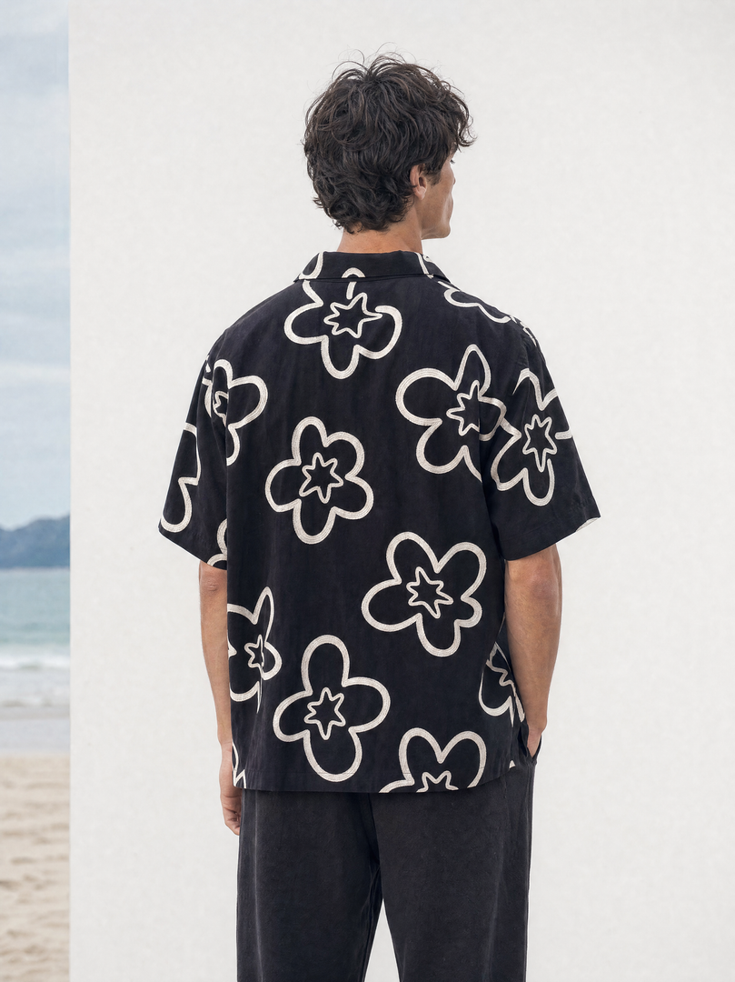 Nocturne — Black Embroidered Flower Shirt