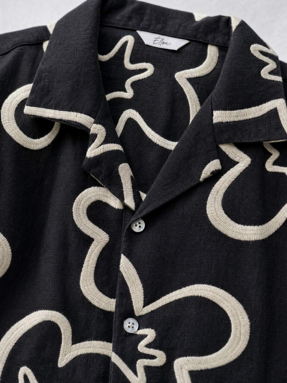 Nocturne — Black Embroidered Flower Shirt