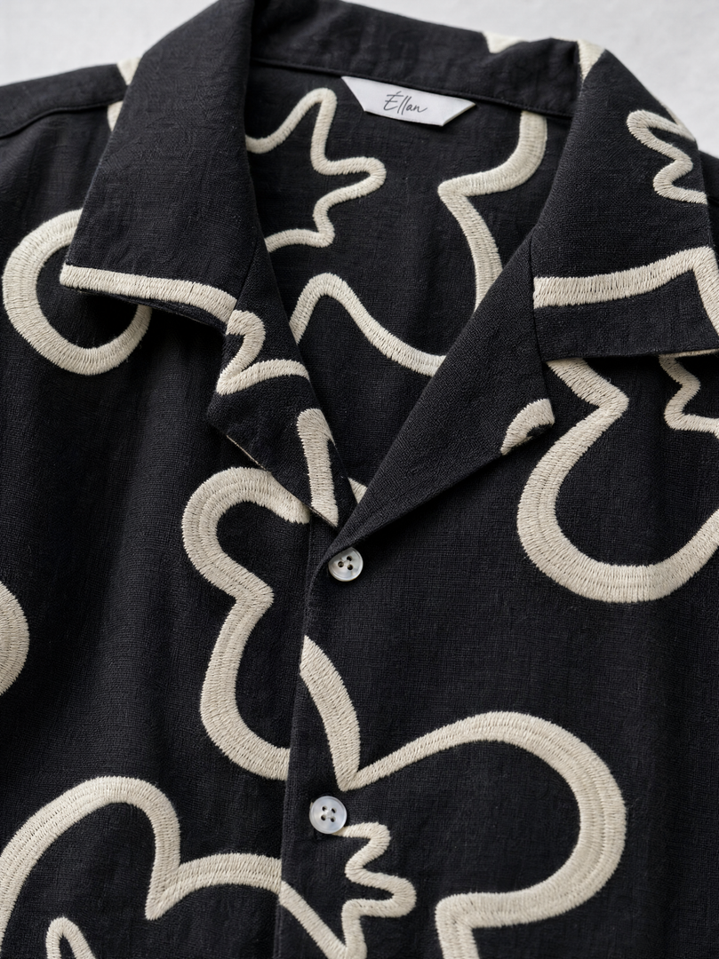 Nocturne — Black Embroidered Flower Shirt
